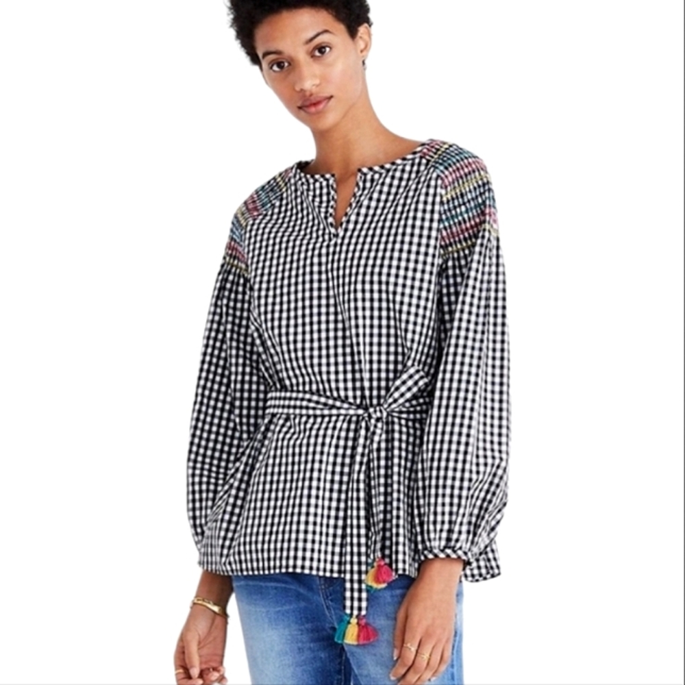 Madewell Gingham Embroidered Tassel Peasant Top size S H8287